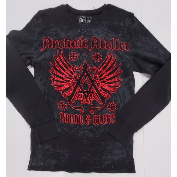Archaic Shirt Unisex Sz L Black Honor & Glory Punk Grunge Cross Wings Y2k Metali - Picture 1 of 5